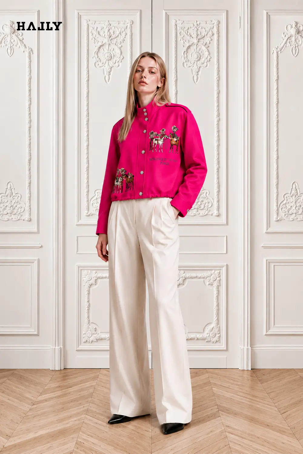 Cropped-Fuchsia-Linen-Jacket-with-Signature-Equestrian-Embroidery - 1