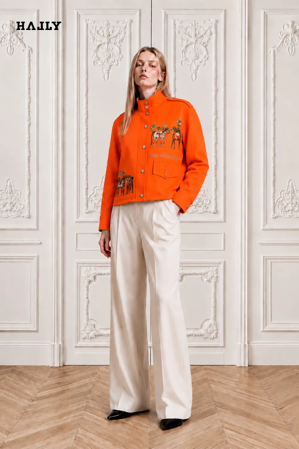 Cropped-Orange-Linen-Jacket-with-Signature-Equestrian-Embroidery - 1
