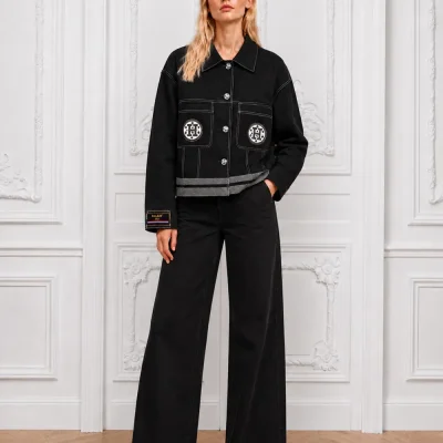 Black-Short-Linen-Jacket-with-Signature-Horse-Embroidery - 1